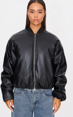 Black Faux Leather Oversized Bomber Jacket