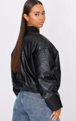 Black Faux Leather Oversized Bomber Jacket