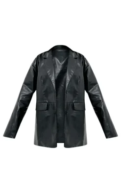 Black Faux Leather Oversized Long Blazer