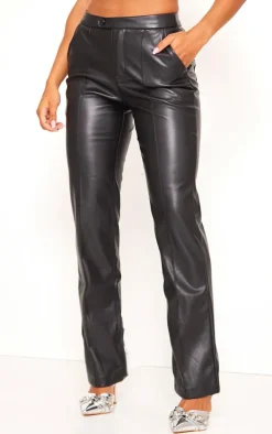 Black Faux Leather Pintuck Detail Straight Leg Pants