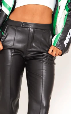 Black Faux Leather Pintuck Detail Straight Leg Pants