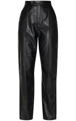 Black Faux Leather Pintuck Detail Straight Leg Pants