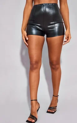 Black Faux Leather Pintuck Detail Hot Pants