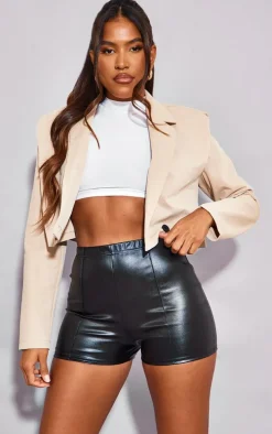 Black Faux Leather Pintuck Detail Hot Pants