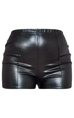 Black Faux Leather Pintuck Detail Hot Pants