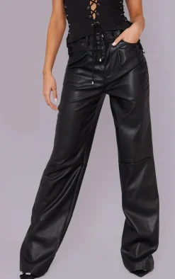 Black Faux Leather Pleat Detail Wide Leg Pants