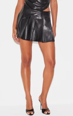 Black Faux Leather Pleated Mini Micro Skirt