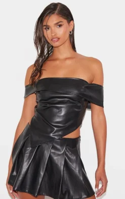 Black Faux Leather Pleated Mini Micro Skirt