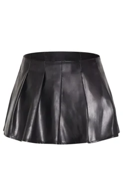 Black Faux Leather Pleated Mini Micro Skirt