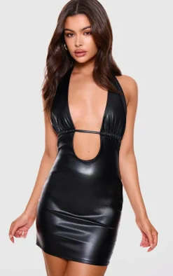 Black Faux Leather Plunge Bodycon Dress