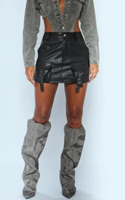 Black Faux Leather Pocket Detail Cargo Mini Skirt
