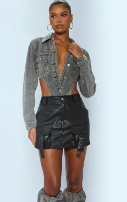 Black Faux Leather Pocket Detail Cargo Mini Skirt