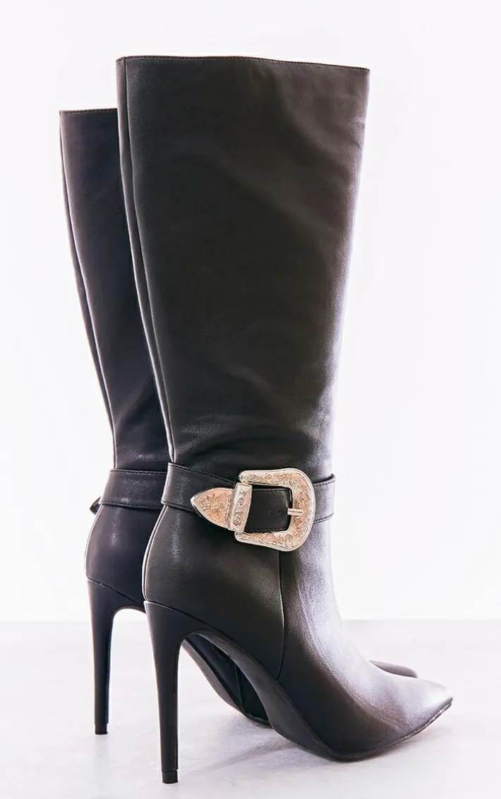 Black Faux Leather Point Toe Western Buckle Knee High Heeled Stiletto Boots