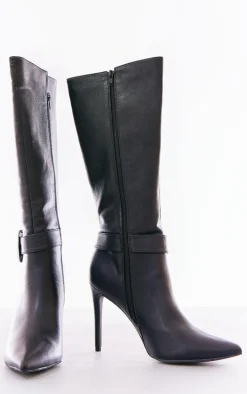 Black Faux Leather Point Toe Western Buckle Knee High Heeled Stiletto Boots
