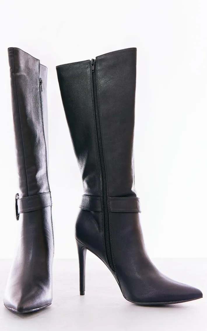 Black Faux Leather Point Toe Western Buckle Knee High Heeled Stiletto Boots
