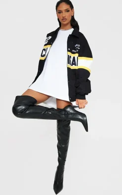 Black Faux Leather Point Toe Sock Heeled Over The Knee Boots