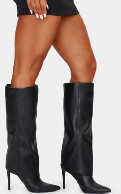 Black Faux Leather Point Toe Fold Over High Heeled Calf High Boots