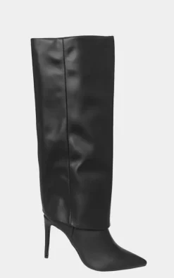 Black Faux Leather Point Toe Fold Over High Heeled Calf High Boots