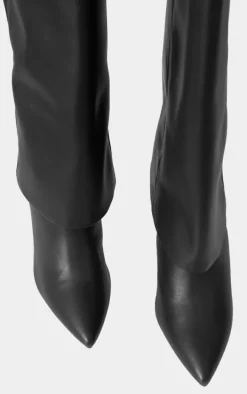 Black Faux Leather Point Toe Fold Over High Heeled Calf High Boots