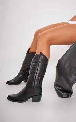 Black Faux Leather Point Toe Knee High Western Boots