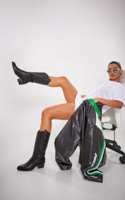 Black Faux Leather Point Toe Knee High Western Boots