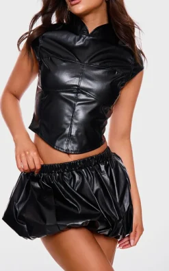 Black Faux Leather Puff Ball Mini Skirt
