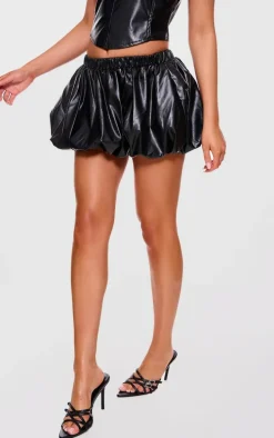 Black Faux Leather Puff Ball Mini Skirt