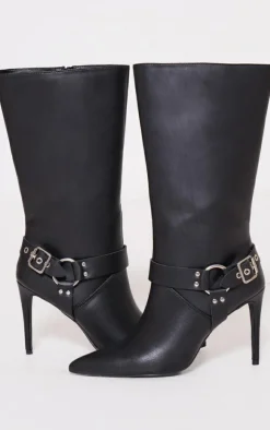 Black Faux Leather Ring Buckle Detail Tall Knee High Heeled Boots