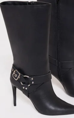 Black Faux Leather Ring Buckle Detail Tall Knee High Heeled Boots