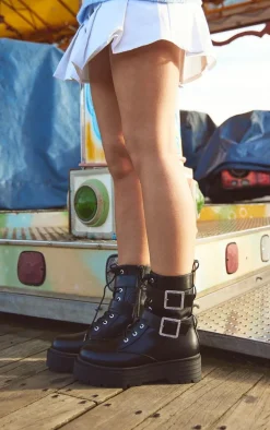 Black Faux Leather Round Diamante Buckle Chunky Lace Up Ankle Boots