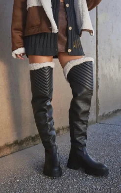 Black Faux Leather Round Toe Shearling Over The Knee Boots