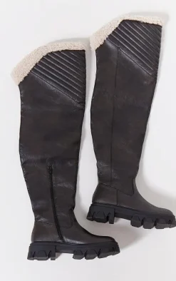 Black Faux Leather Round Toe Shearling Over The Knee Boots