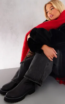 Black Faux Leather Round Diamante Chunky Ankle Sock Boots