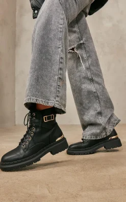 Black Faux Leather Round Toe Gold Detail Lace Up Ankle Boots