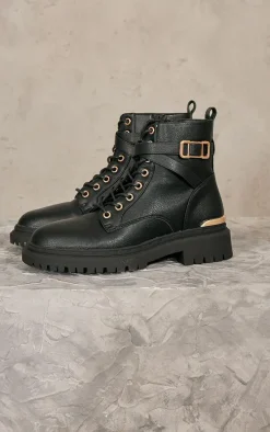 Black Faux Leather Round Toe Gold Detail Lace Up Ankle Boots