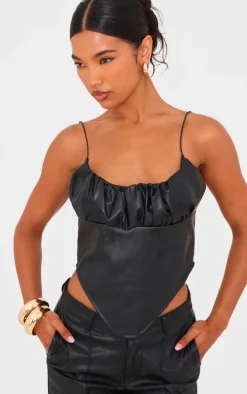 Black Faux Leather Ruched Bust Curve Hem Top