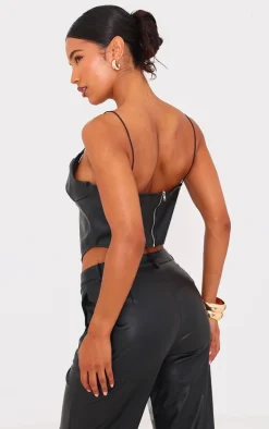 Black Faux Leather Ruched Bust Curve Hem Top