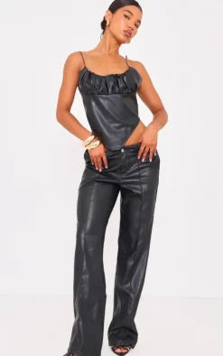 Black Faux Leather Ruched Bust Curve Hem Top