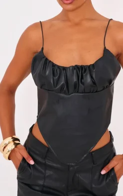 Black Faux Leather Ruched Bust Curve Hem Top