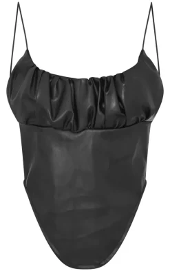 Black Faux Leather Ruched Bust Curve Hem Top