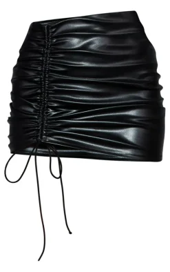 Black Faux Leather Ruched Micro Mini Skirt