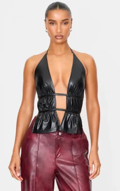 Black Faux Leather Ruched Halterneck Long Top
