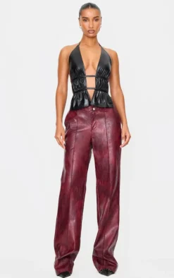 Black Faux Leather Ruched Halterneck Long Top