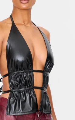 Black Faux Leather Ruched Halterneck Long Top