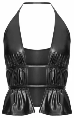 Black Faux Leather Ruched Halterneck Long Top