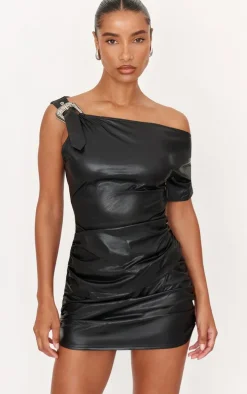 Black Faux Leather Ruched Mini Skirt