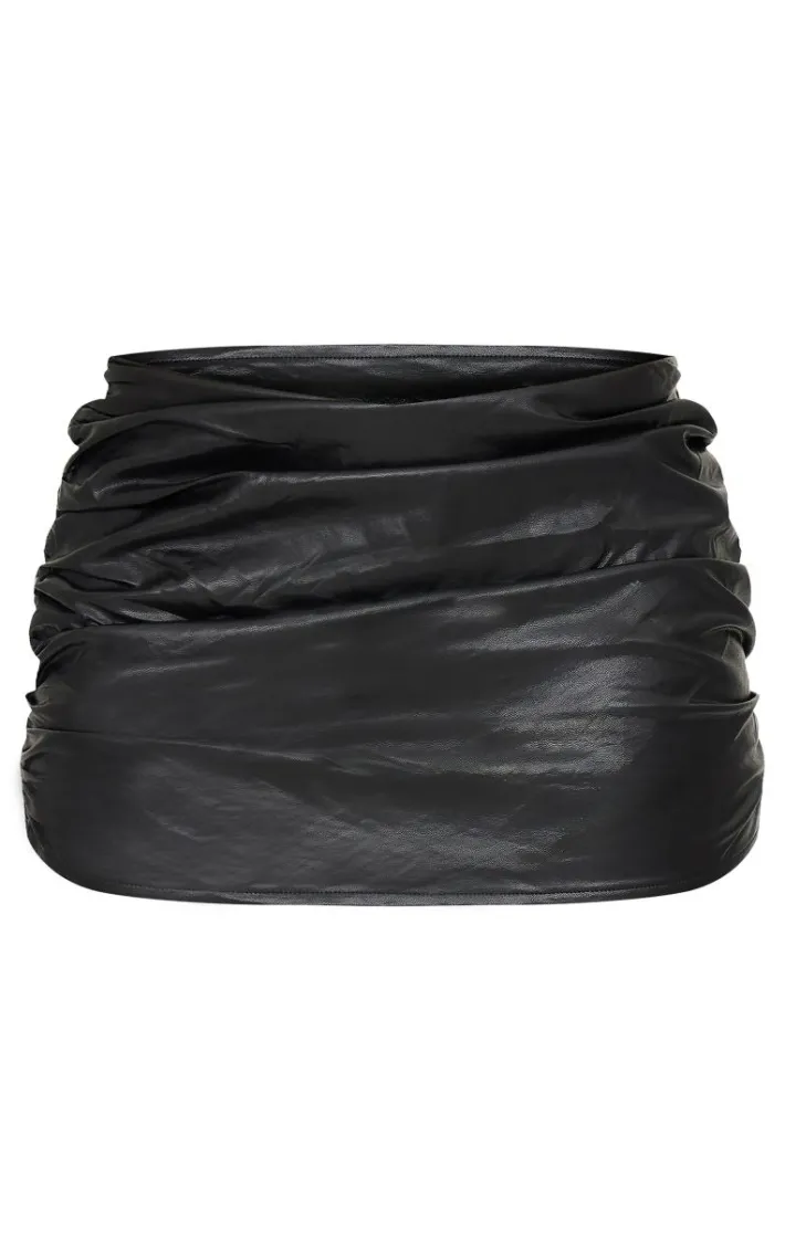 Black Faux Leather Ruched Mini Skirt