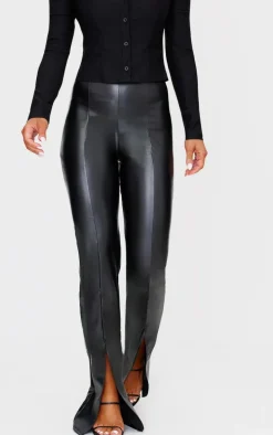 Black Faux Leather Seam Detail Split Hem Pants