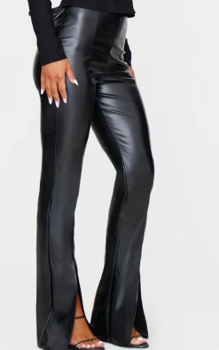 Black Faux Leather Seam Detail Split Hem Pants