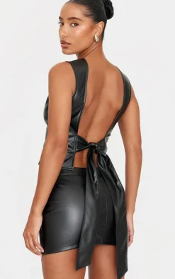 Black Faux Leather Seam Detail Open Back Long Top